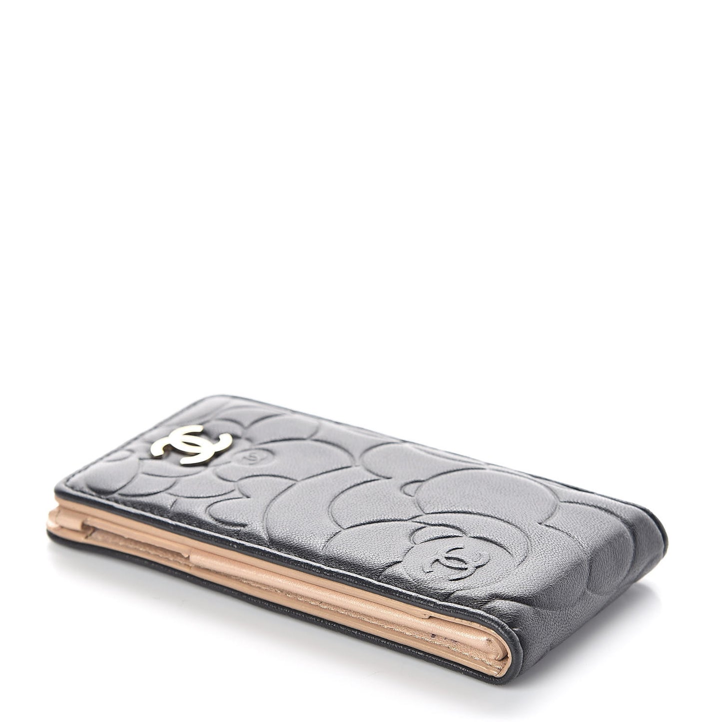 Lambskin Camellia Embossed Phone Case Black