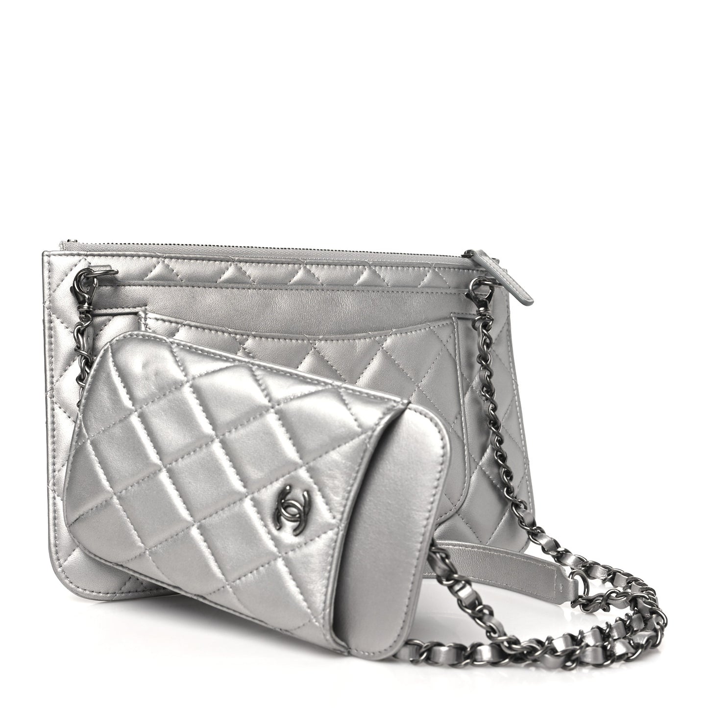 Metallic Lambskin Quilted Clutch With Chain Silver