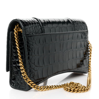 Balenciaga Shiny Calfskin Crocodile Embossed Hourglass Chain Bag Black 3 of 10