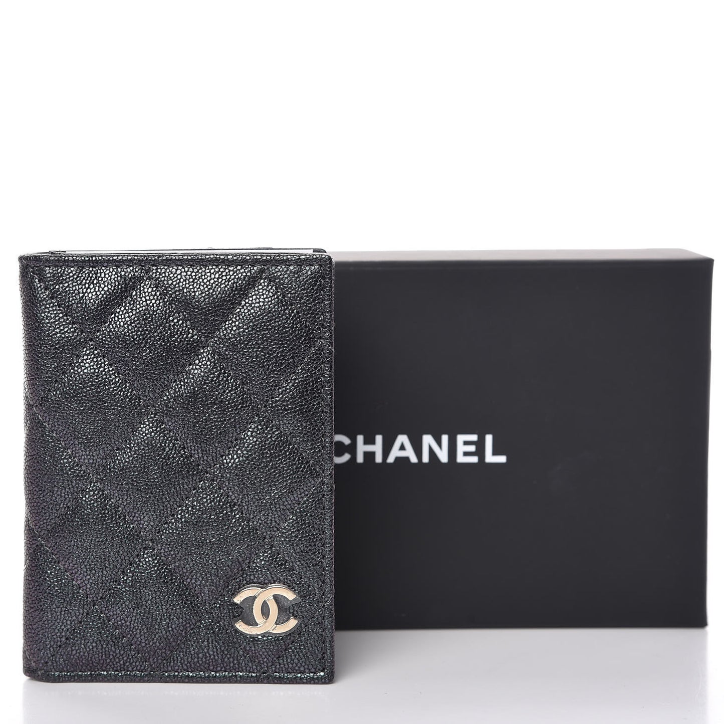 Iridescent Caviar Quilted Card Holder Wallet Black