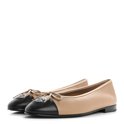 Chanel Lambskin Cap Toe CC Ballerina Flats 39 Beige Black 4 of 10