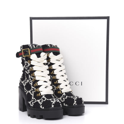 Gucci Tweed GG Monogram Lace Up Combat Ankle Boots 37 Black 8 of 8