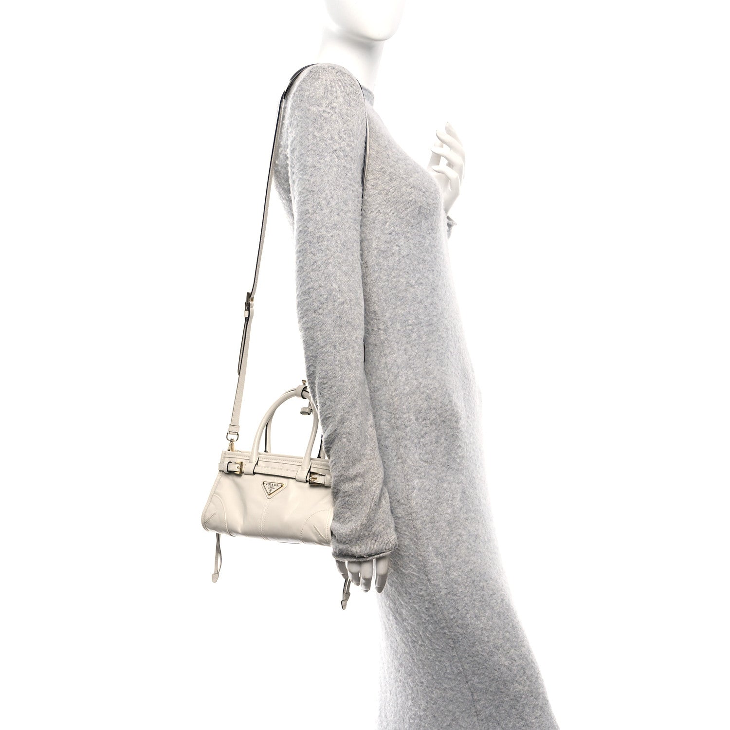 Prada Glossy Calfskin Triangle Mini Bonnie Hand Bag White 2 of 10