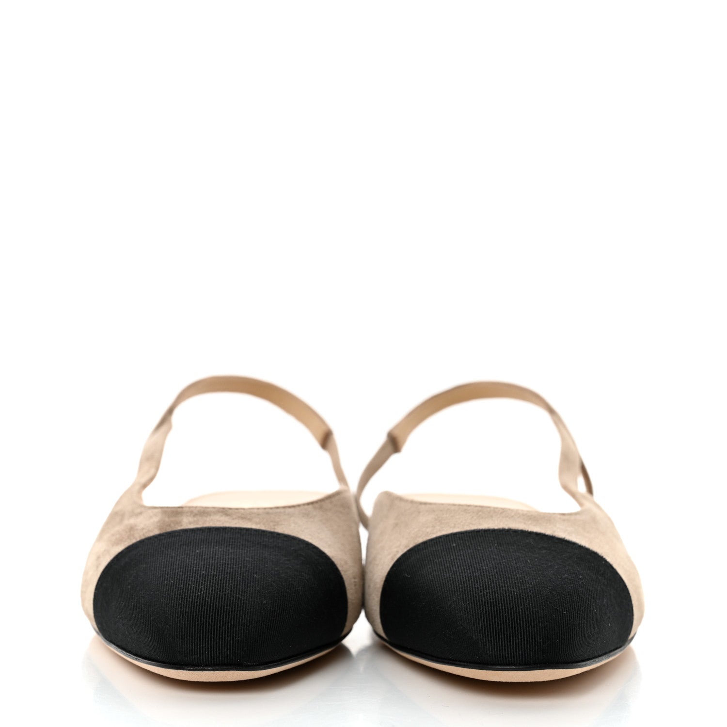 Chanel Suede Satin Cap Toe CC Slingback Sandals 36.5 Beige Black 2 of 9
