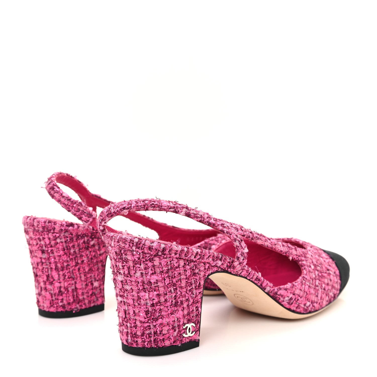 Chanel Tweed Grosgrain Cap Toe CC Slingback Pumps 39 Pink Black 5 of 10