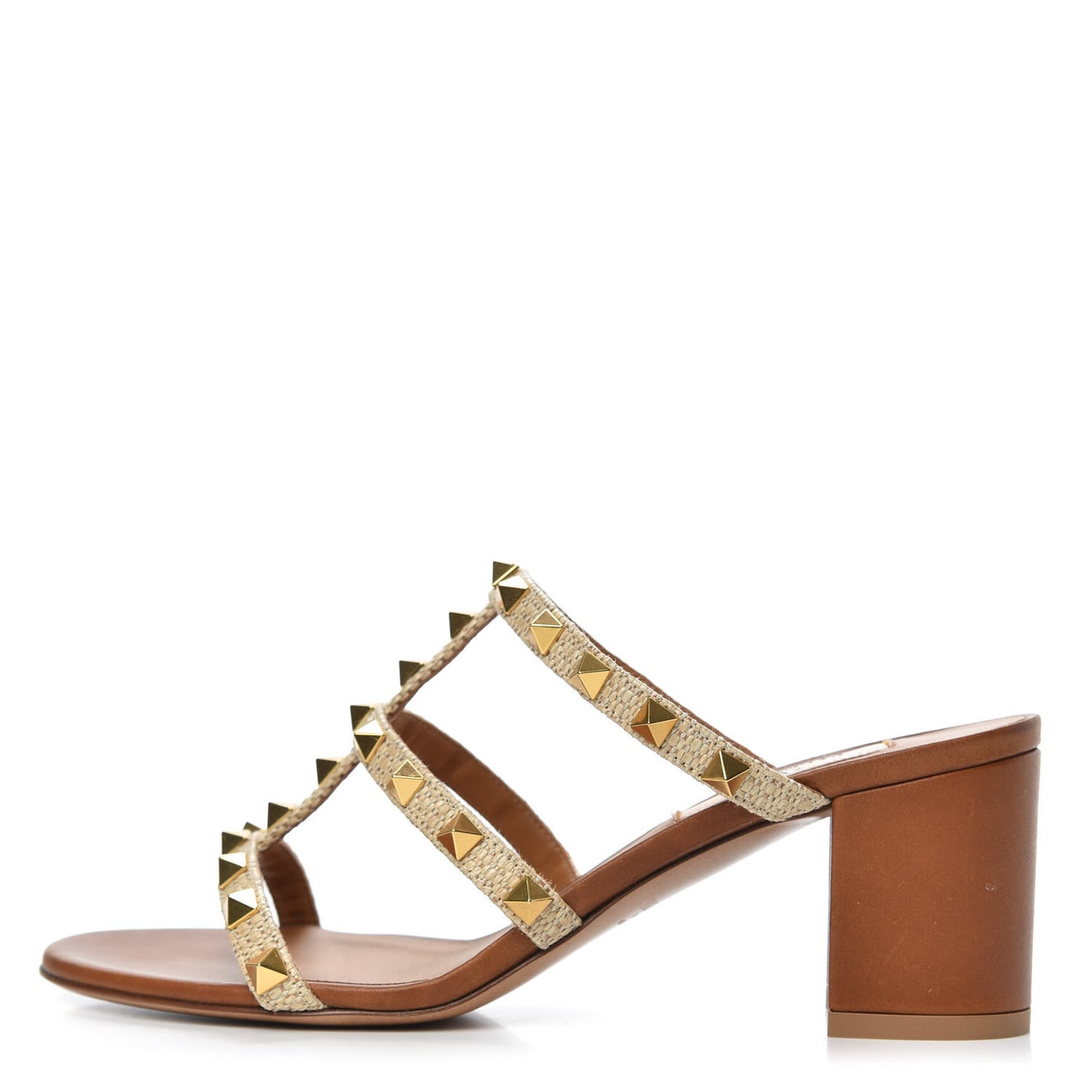 Raffia Calfskin Rockstud 60mm Caged Slide Sandals 36.5 Naturale
