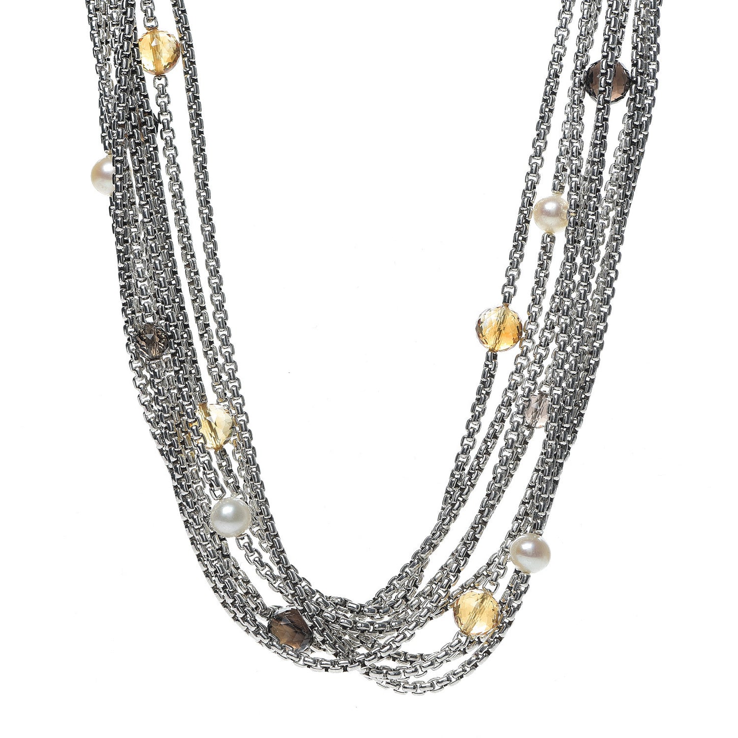 Sterling Silver 18K Yellow Gold Pearl Citrine Smoky Topaz Multi Strand Necklace