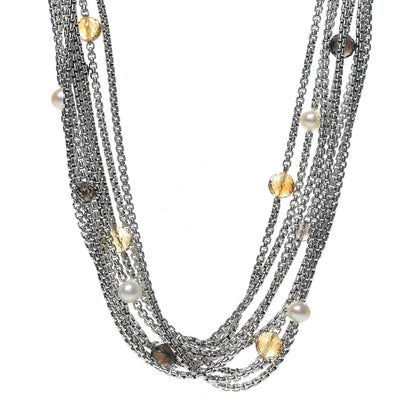 David Yurman Sterling Silver 18K Yellow Gold Pearl Citrine Smoky Topaz Multi Strand Necklace 1 of 4