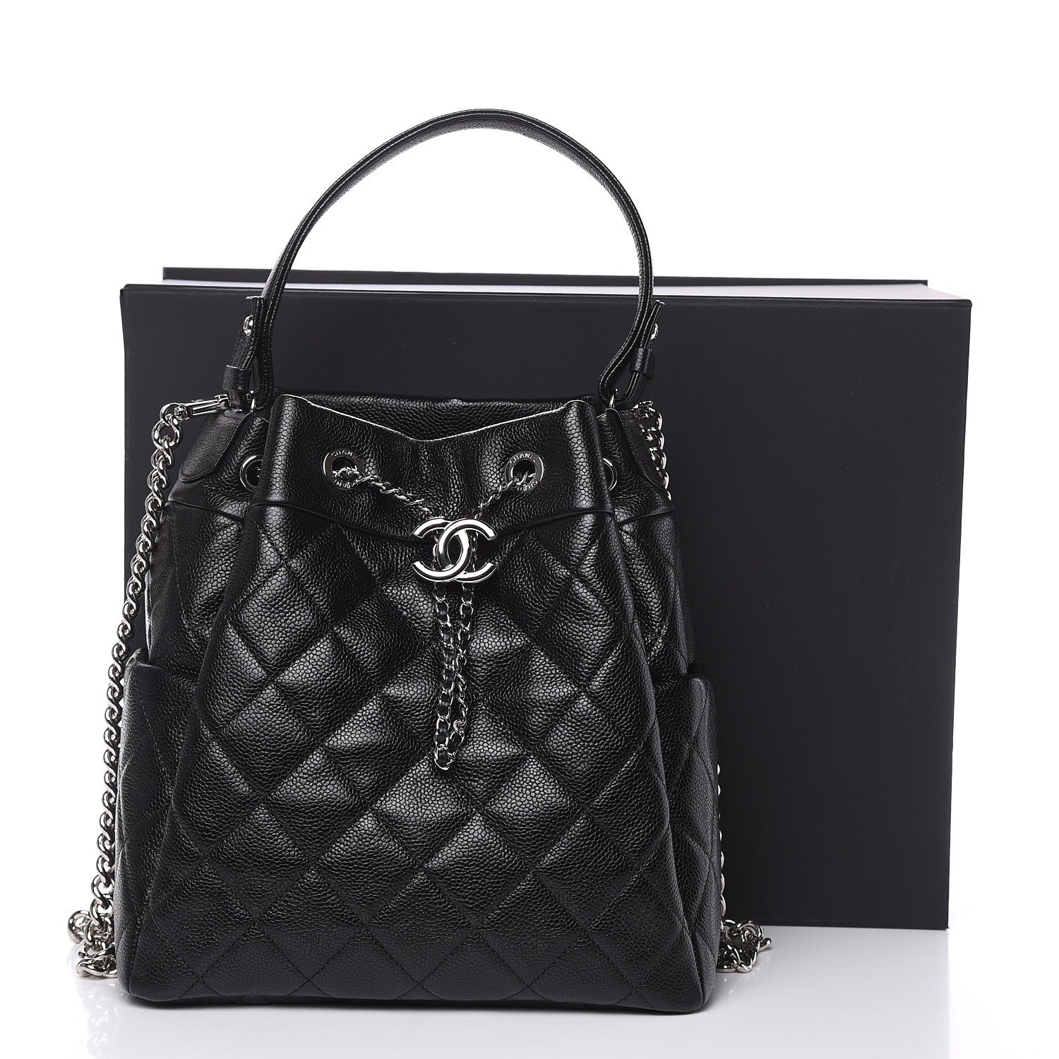 Chanel Grained Calfskin Quilted Medium CC Chain Bucket Drawstring Bag Black 10 of 10