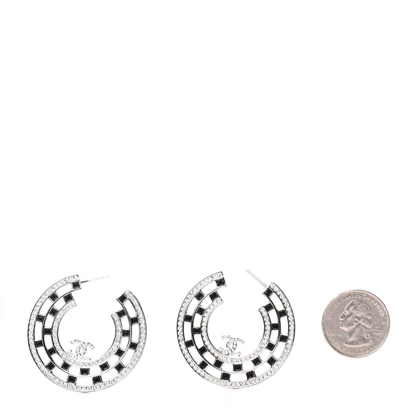 Baguette Crystal CC Hoop Earrings Silver Black