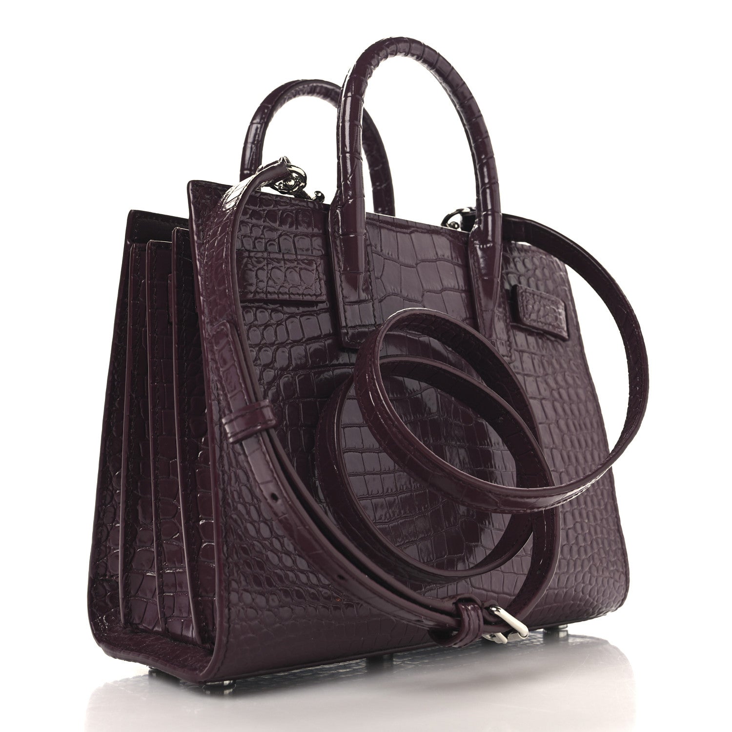 Saint Laurent Calfskin Crocodile Embossed Nano Sac De Jour Bordeaux 3 of 10