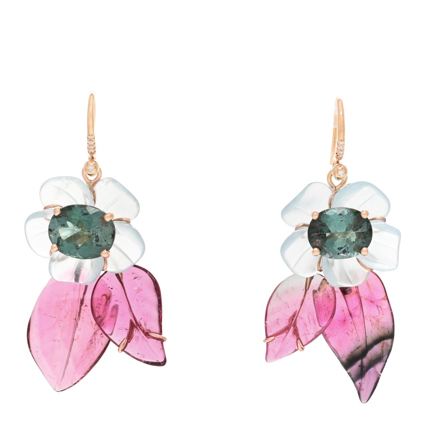 18K Rose Gold Diamond Tourmaline Aquamarine Tropical Flower Drop Earrings