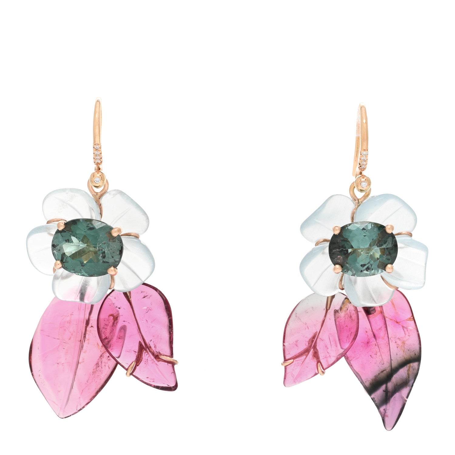 Irene Neuwirth 18K Rose Gold Diamond Tourmaline Aquamarine Tropical Flower Drop Earrings 1 of 3
