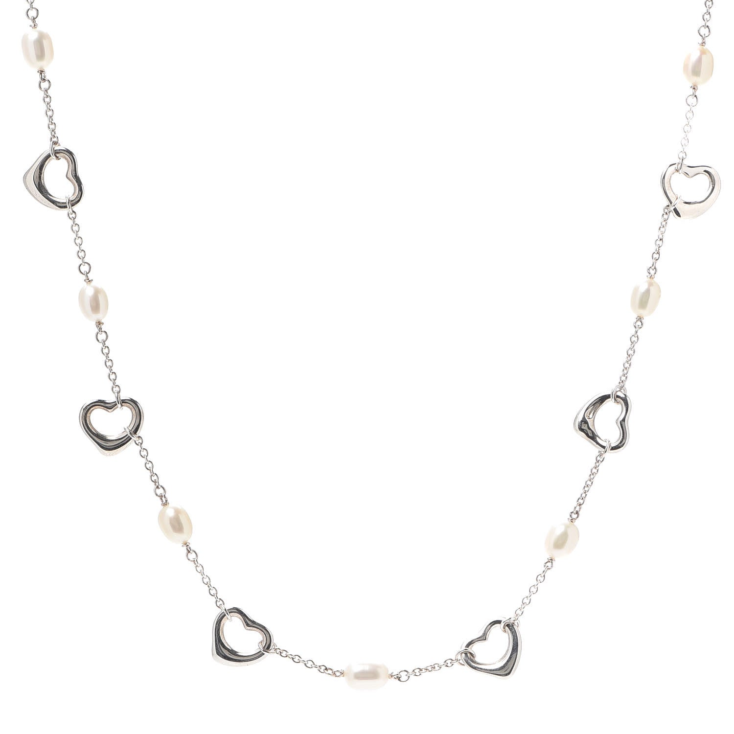 Tiffany Sterling Silver Pearl Elsa Peretti Open Heart Station Necklace 1 of 5