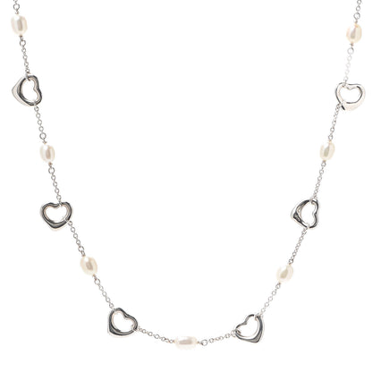 Tiffany Sterling Silver Pearl Elsa Peretti Open Heart Station Necklace 1 of 5