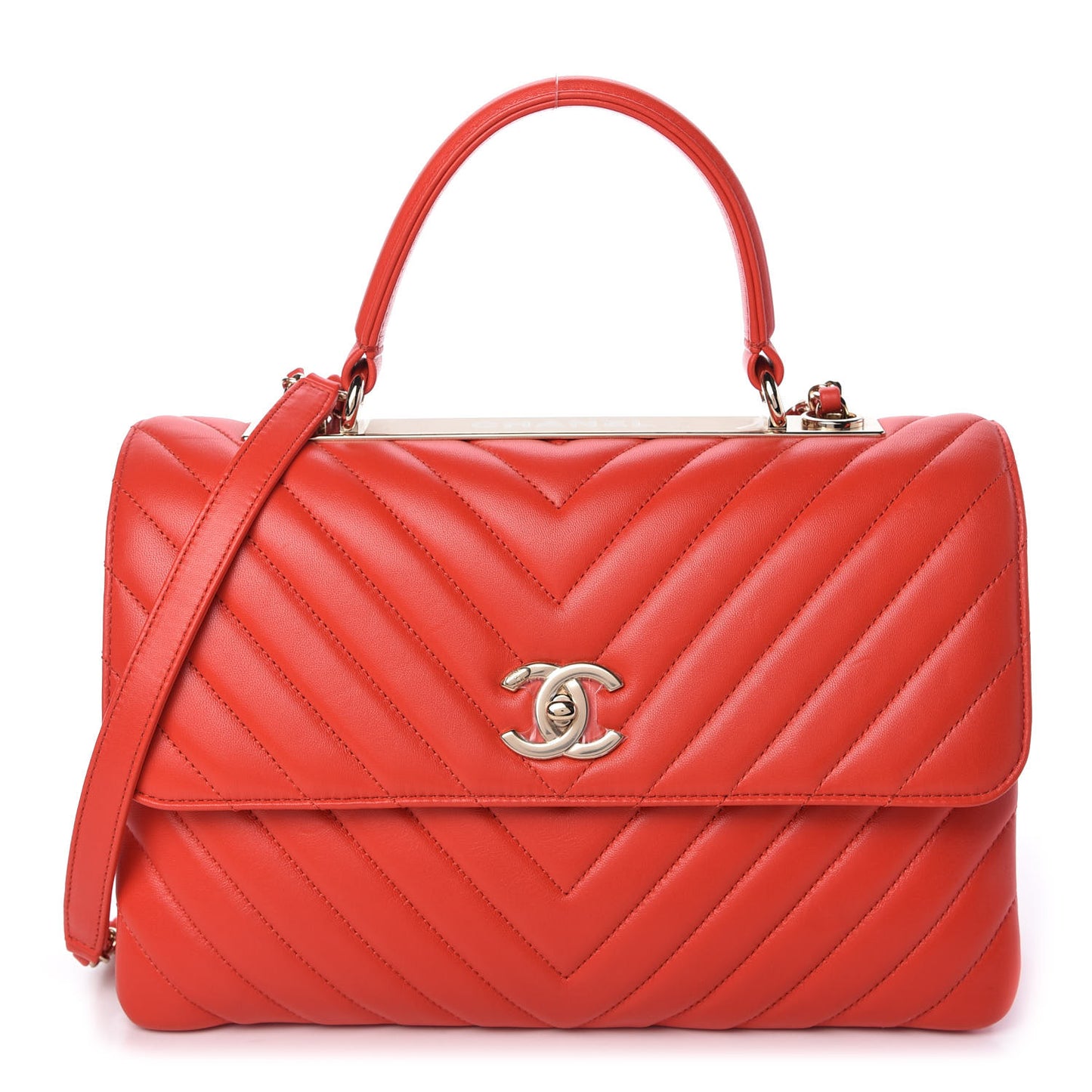 Lambskin Chevron Quilted Medium Trendy CC Dual Handle Flap Bag Red