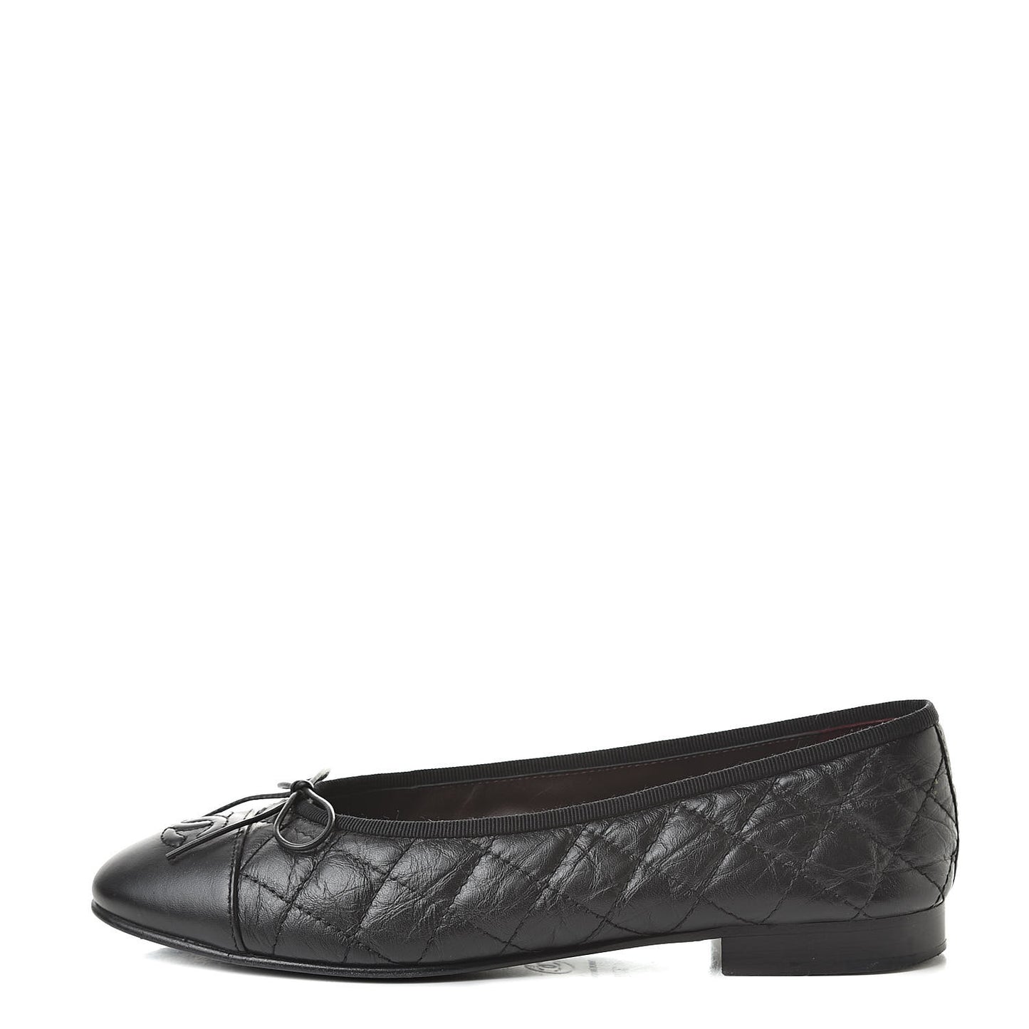 Aged Calfskin Quilted Cap Toe Ballerina Flats 37.5 Black