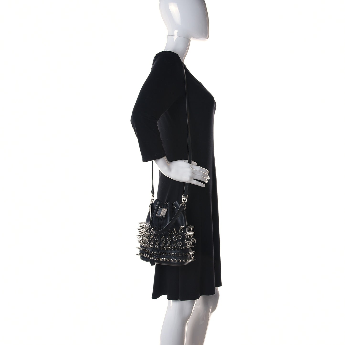 Calfskin Spiked Drawstring Bucket Bag Black