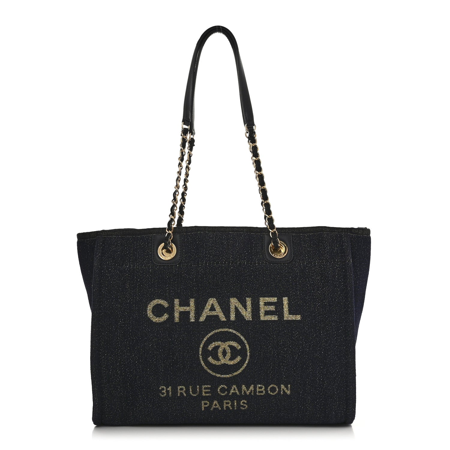 Chanel Lurex Canvas Small Deauville Tote Navy Blue Gold 1 of 10