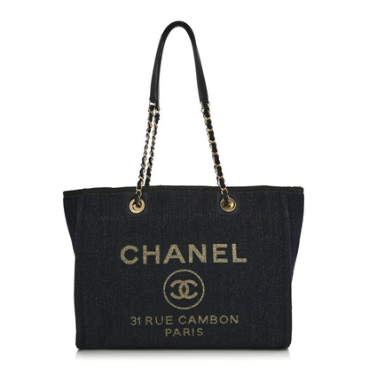 Chanel Lurex Canvas Small Deauville Tote Navy Blue Gold 1 of 10