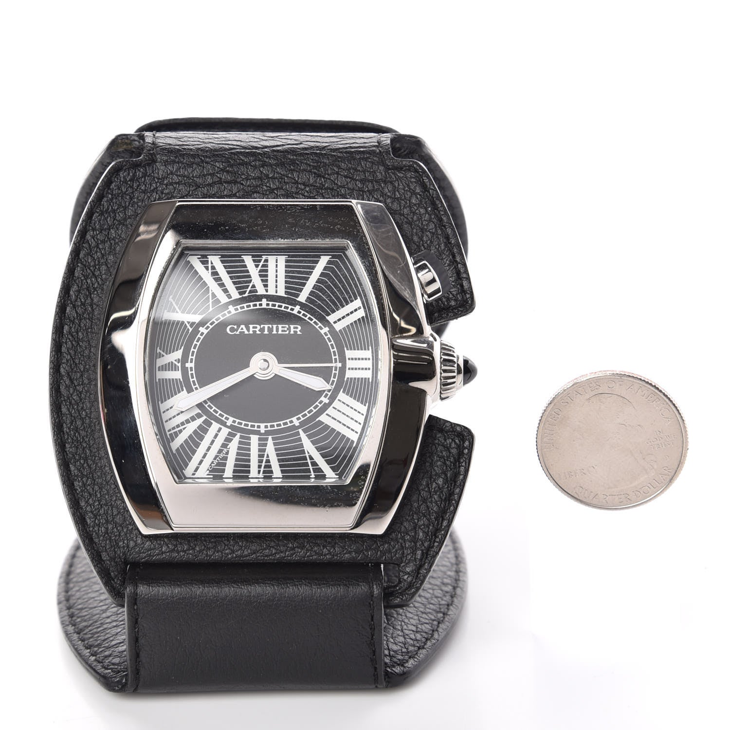 Cartier Stainless Steel Calfskin Roadster Quartz Travel Alarm Clock Black 2 of 7