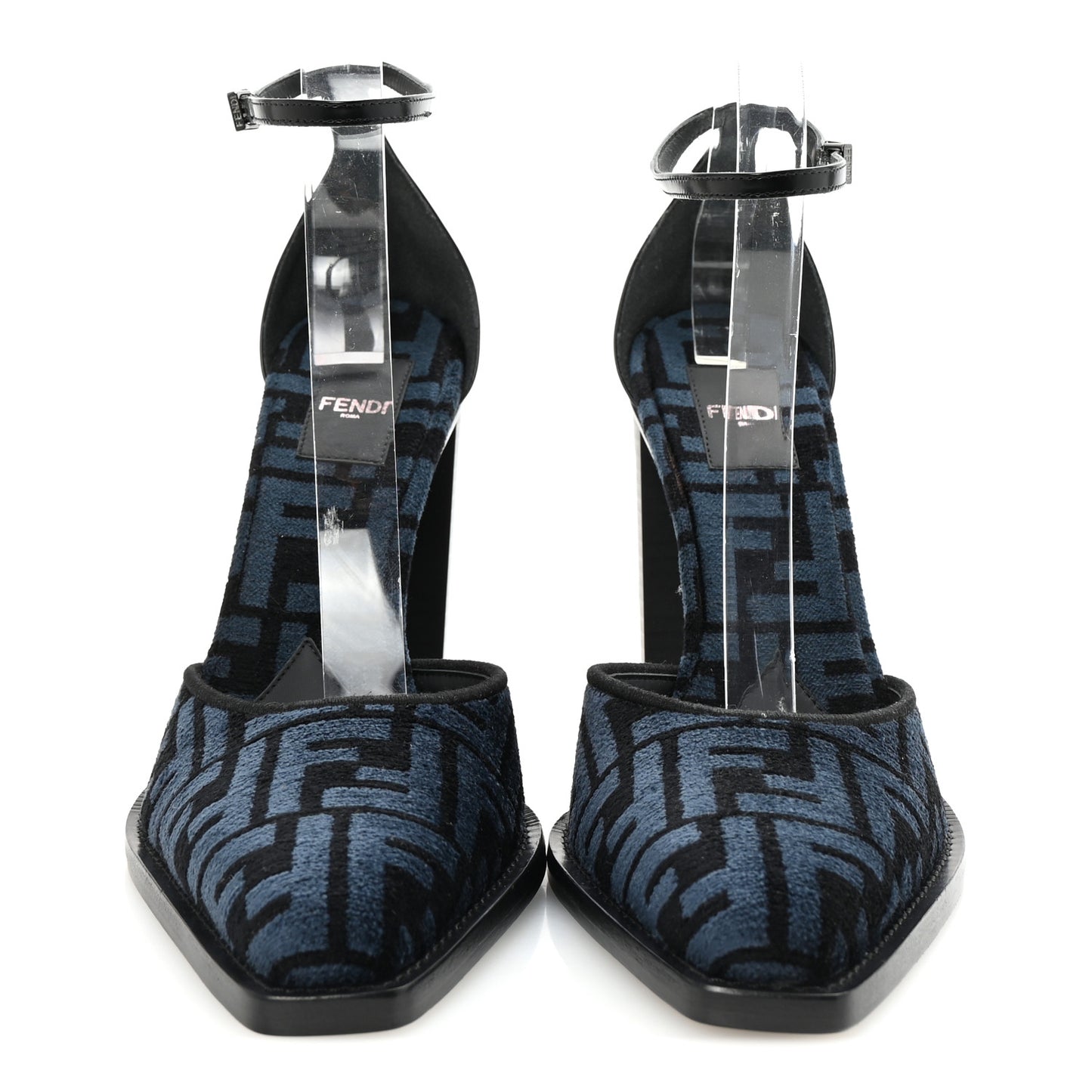 Chenille Jacquard FF Cut Baguette Ankle Strap 105mm Pumps 39.5 Black Blue