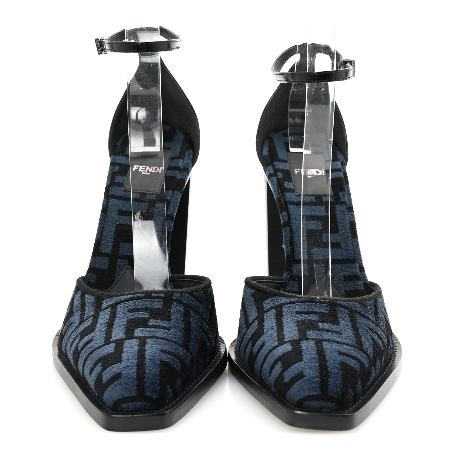 Fendi Chenille Jacquard FF Cut Baguette Ankle Strap 105mm Pumps 39.5 Black Blue 3 of 9