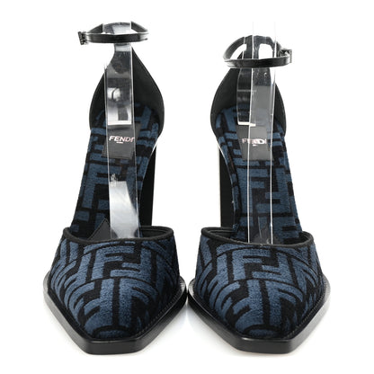 Fendi Chenille Jacquard FF Cut Baguette Ankle Strap 105mm Pumps 39.5 Black Blue 3 of 9