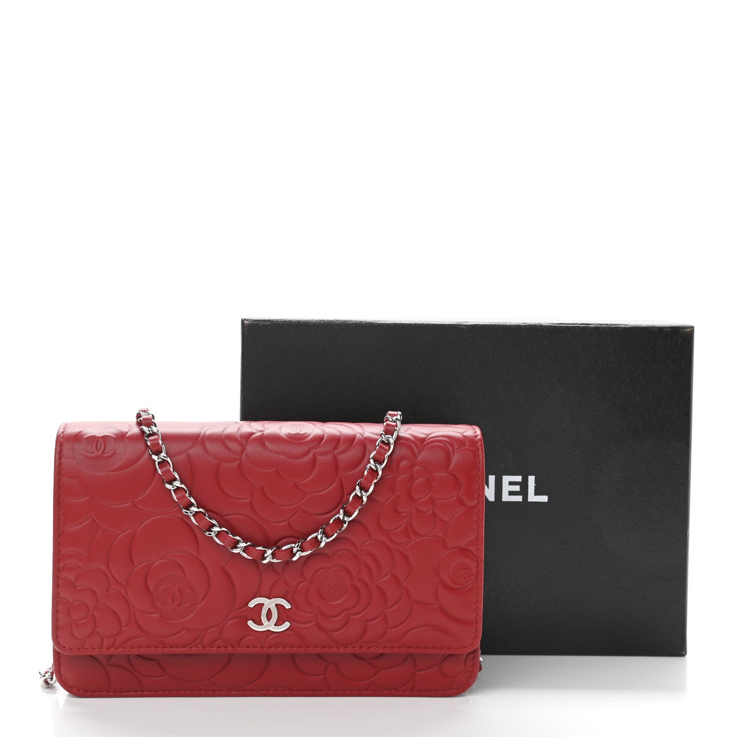 Chanel Lambskin Camellia Embossed Wallet On Chain WOC Red 12 of 12