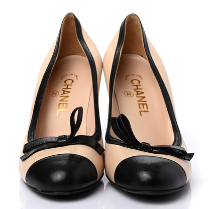 Chanel Lambskin Cap Toe Bow Pumps 37 Beige Black 2 of 4