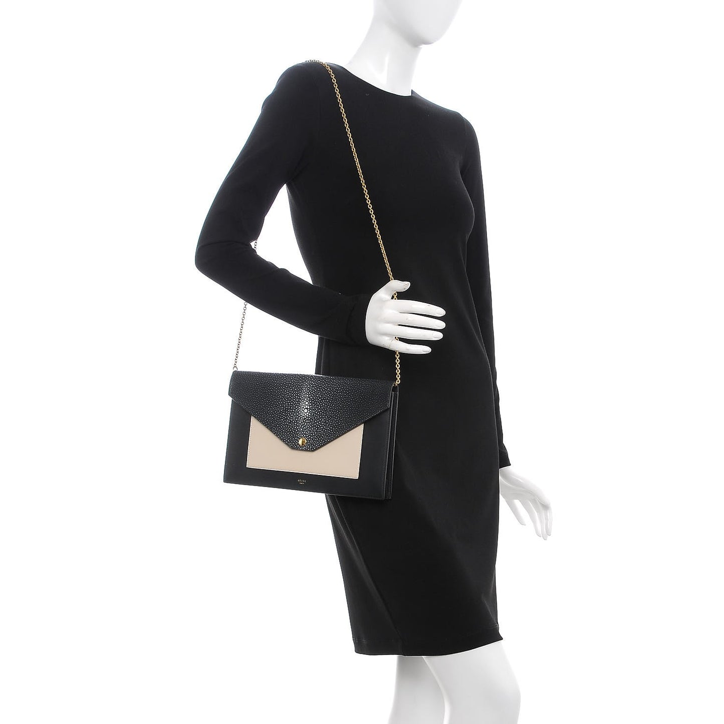 Stingray Shiny Calfskin Clutch on a Chain Black