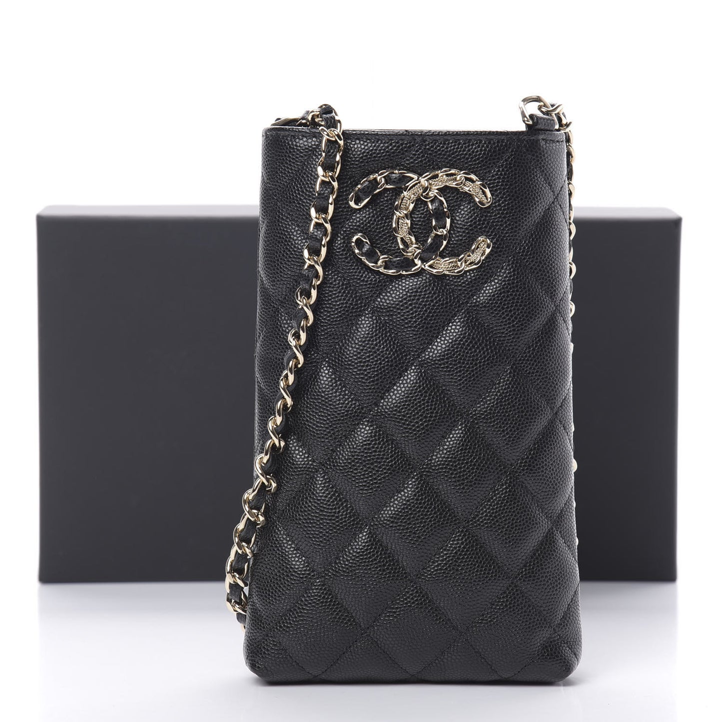 Caviar Quilted French New Wave Phone Holder With Chain Black