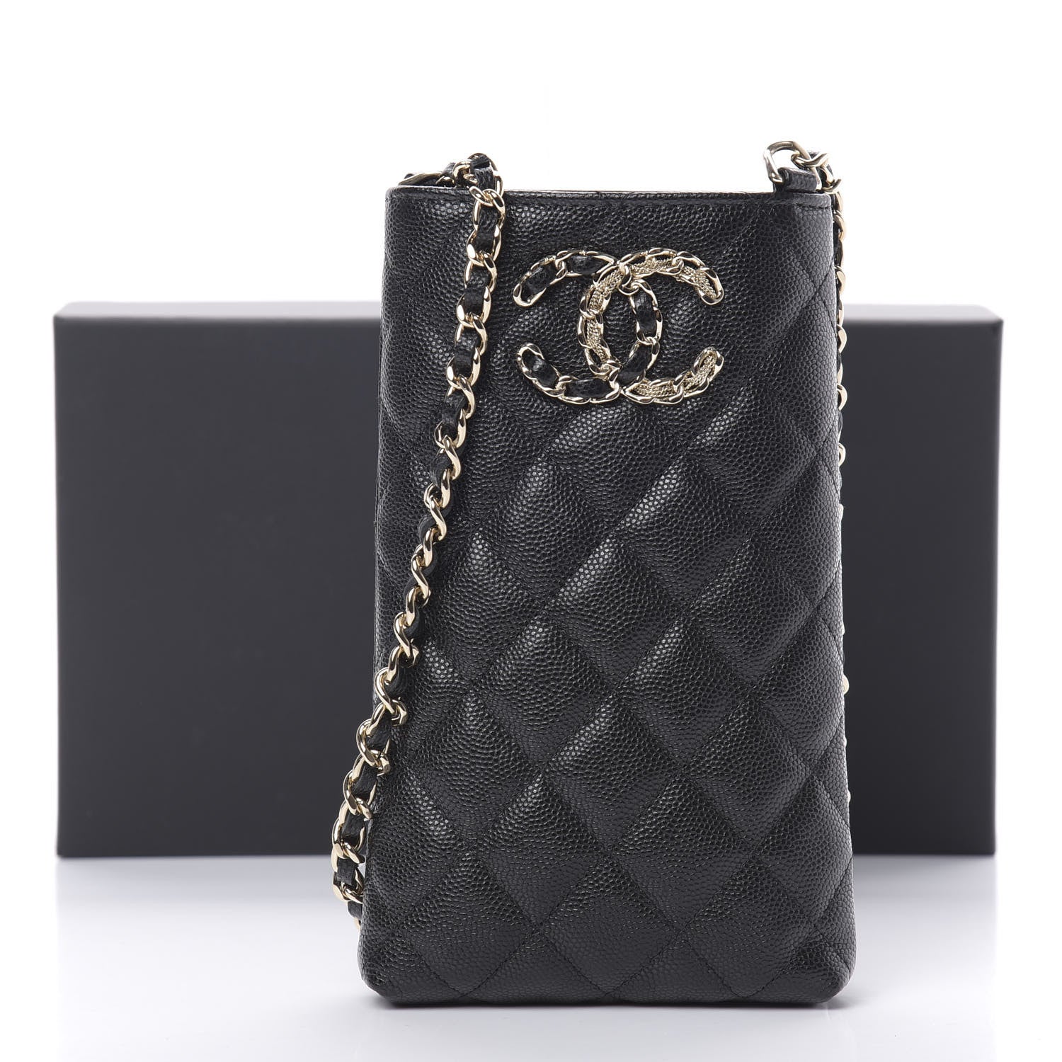Chanel Caviar Quilted French New Wave Phone Holder With Chain Black 12 of 13