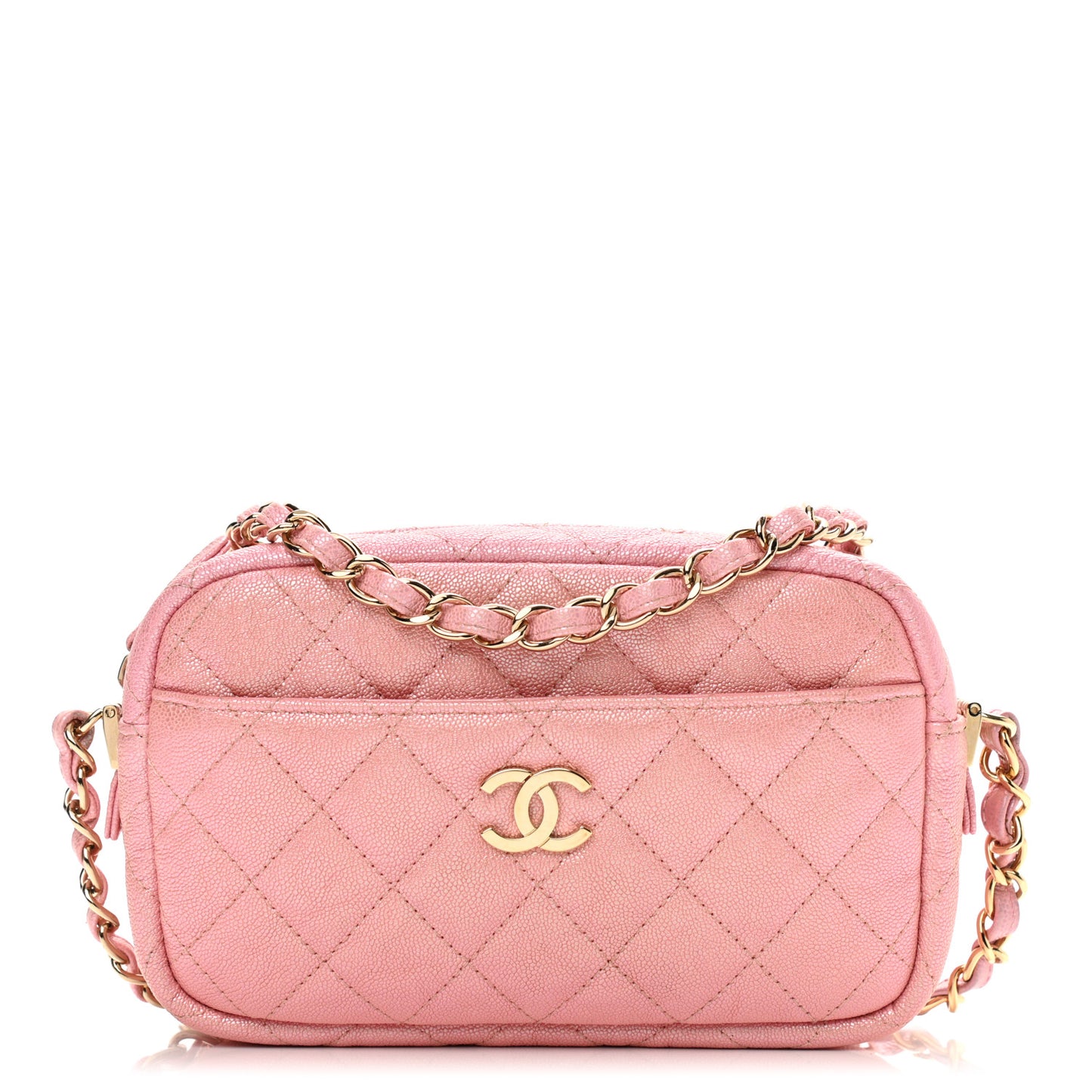 Iridescent Caviar Quilted Small Timeless Camera Case Pink