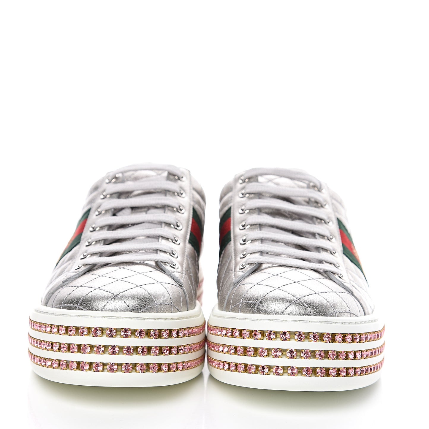 Laminated Nappa Crystal Web Bee Embroidered Trapuntata Womens Ace Platform Sneakers 40 Argento