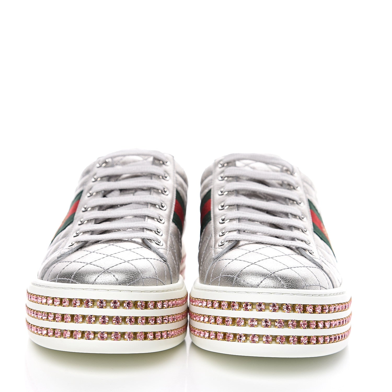 Gucci Laminated Nappa Crystal Web Bee Embroidered Trapuntata Womens Ace Platform Sneakers 40 Argento 2 of 8