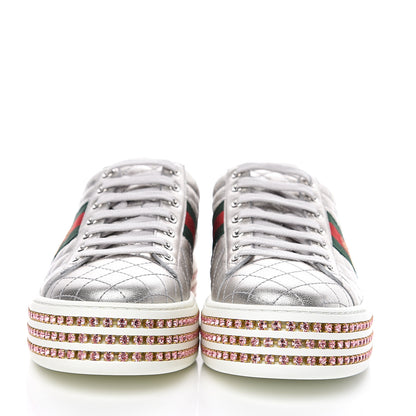 Gucci Laminated Nappa Crystal Web Bee Embroidered Trapuntata Womens Ace Platform Sneakers 40 Argento 2 of 8