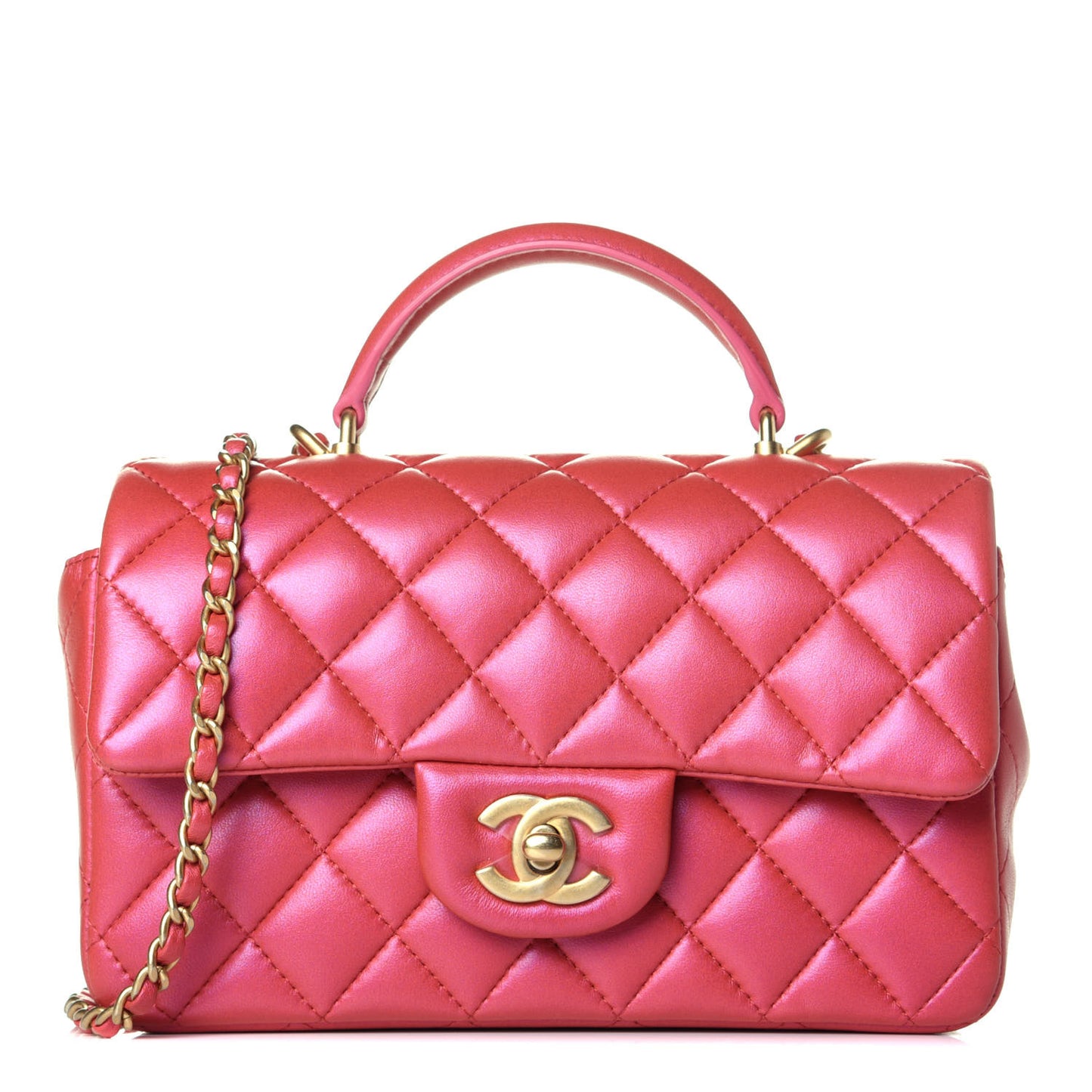 Iridescent Lambskin Quilted Mini Top Handle Rectangular Flap Red