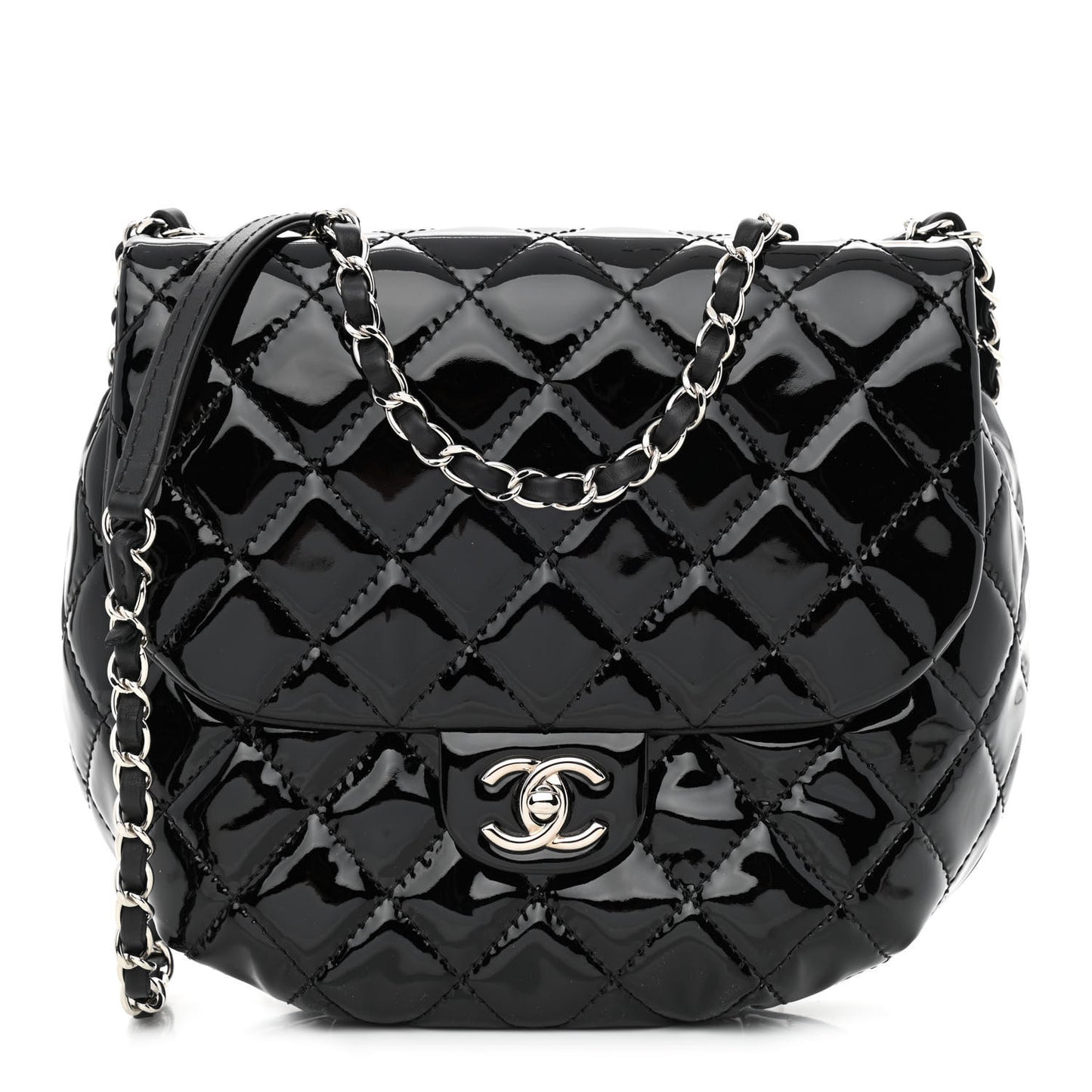 Patent Calfskin Quilted Medium Bubble CC Flap Black