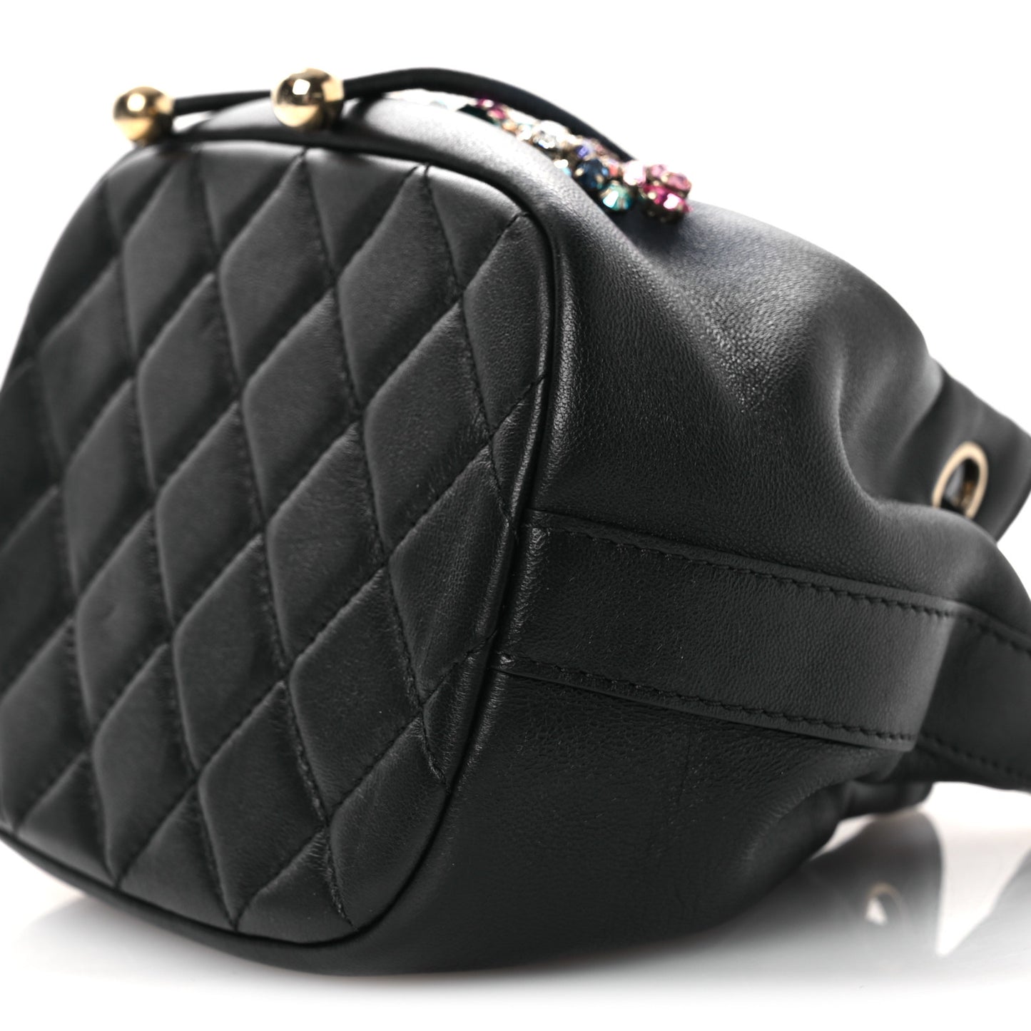 Lambskin Calfskin Quilted Mini Strass Mania Drawstring Bucket Bag Black