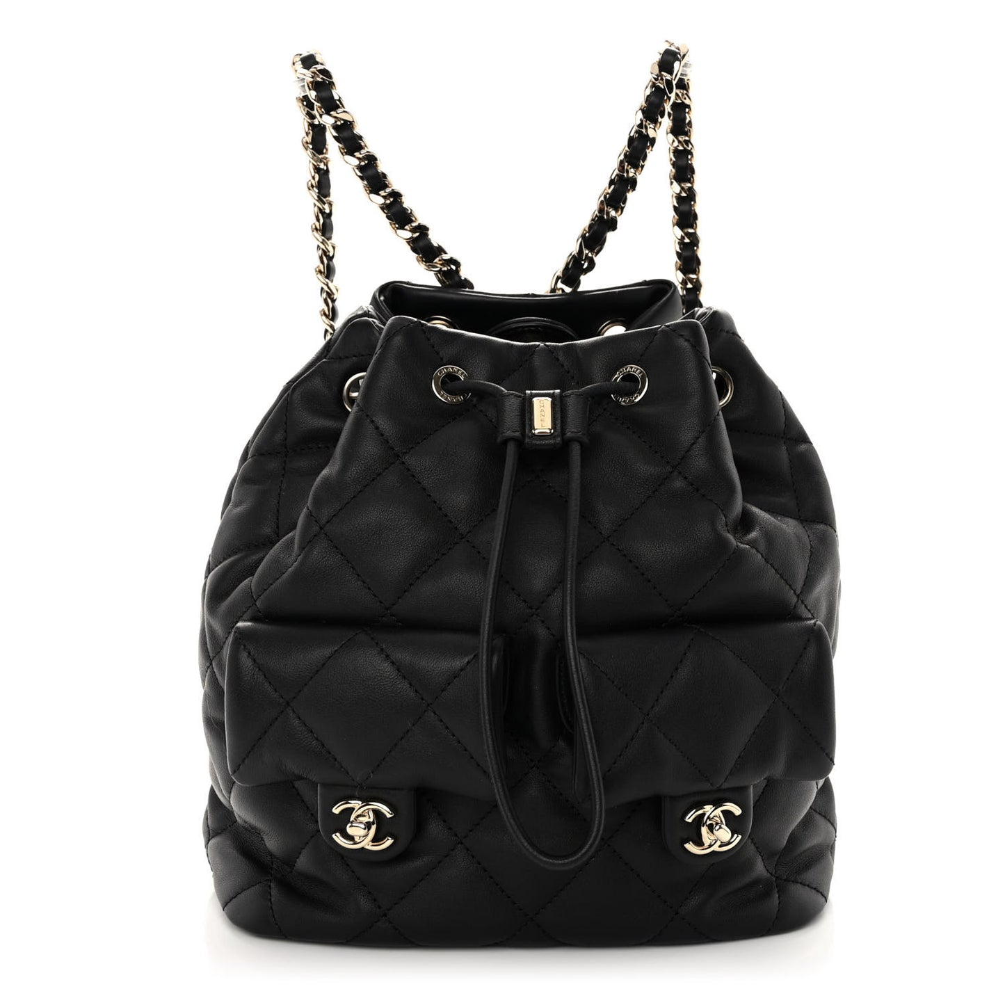 Lambskin Quilted Double Pocket Drawstring Backpack Black