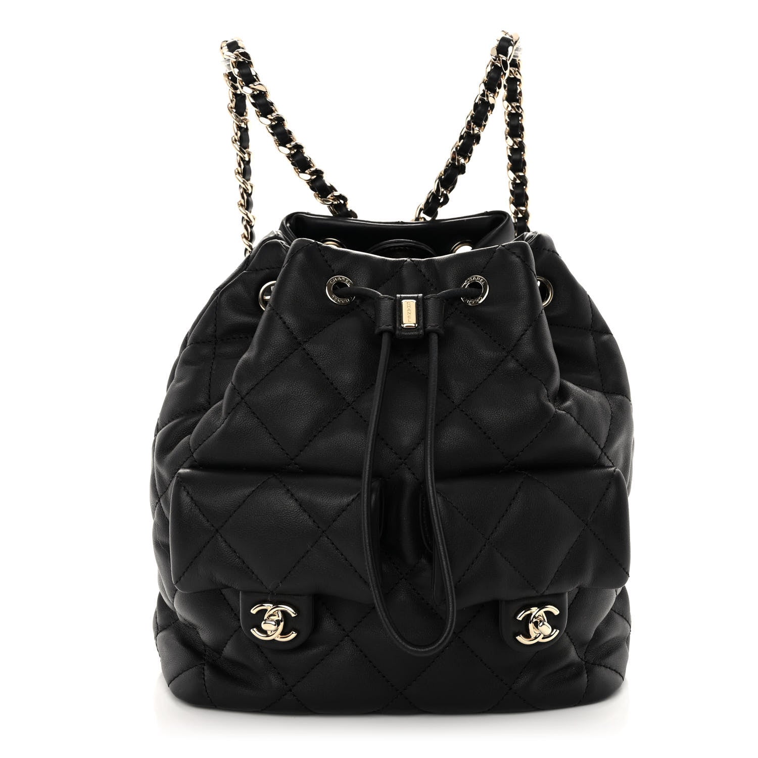 Chanel Lambskin Quilted Double Pocket Drawstring Backpack Black 1 of 10