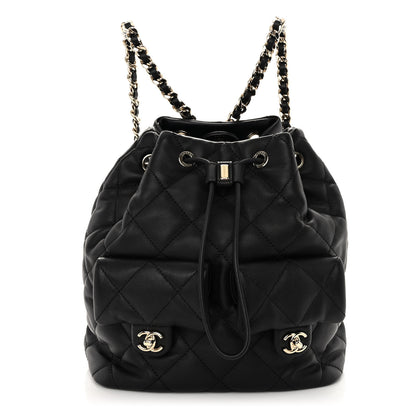 Chanel Lambskin Quilted Double Pocket Drawstring Backpack Black 1 of 10