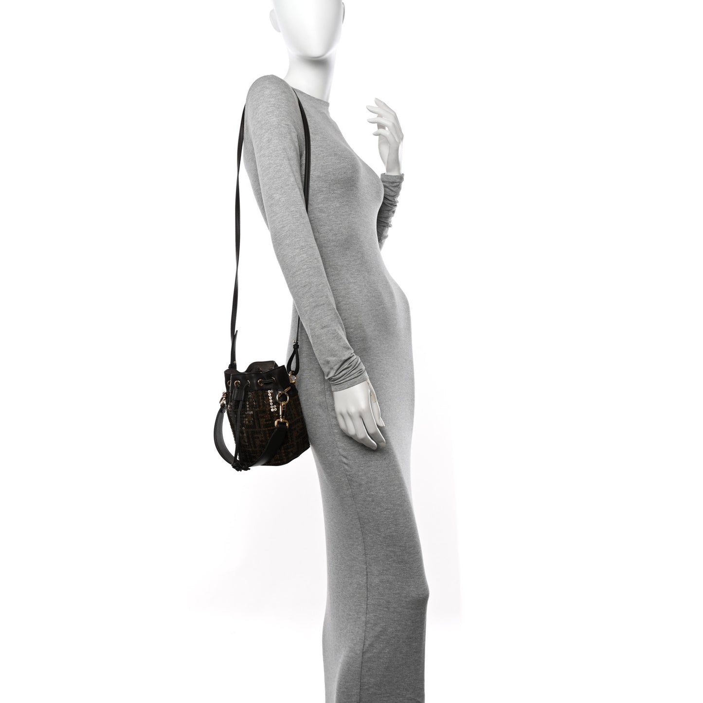 Fabric Jacquard Paillettes Vitello Seta FF 1974 Embroidered Mini Mon Tresor Bucket Bag Tobacco Moro
