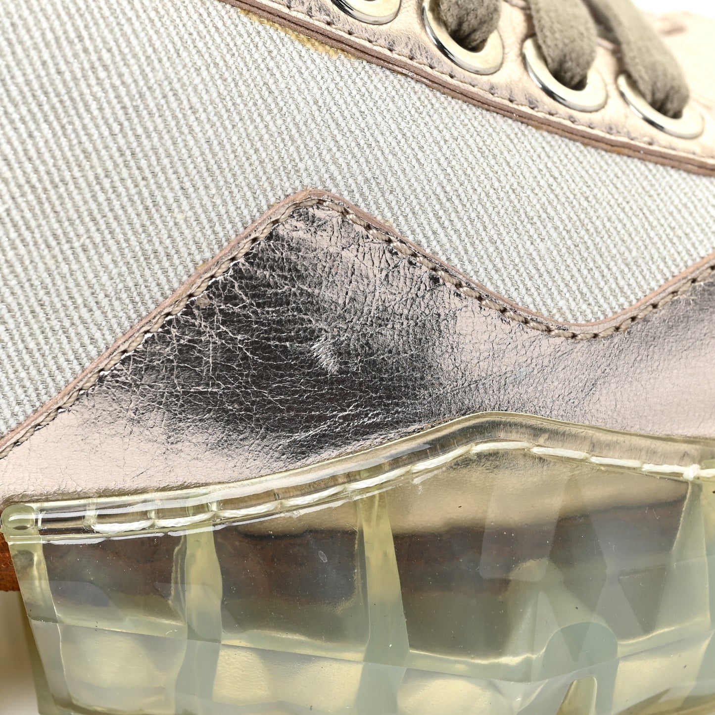 Metallic Calfskin Womens Diamond F Low Top Sneaker 37 White Gold