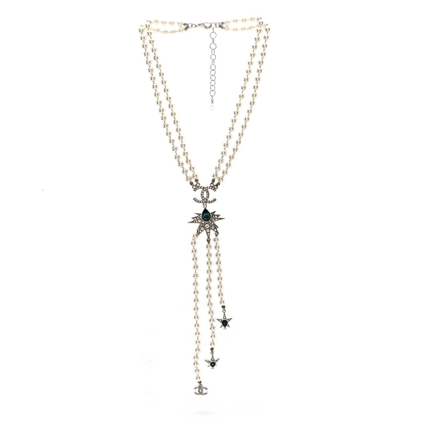 Pearl Crystal Star CC Drop Long Necklace Green White Silver