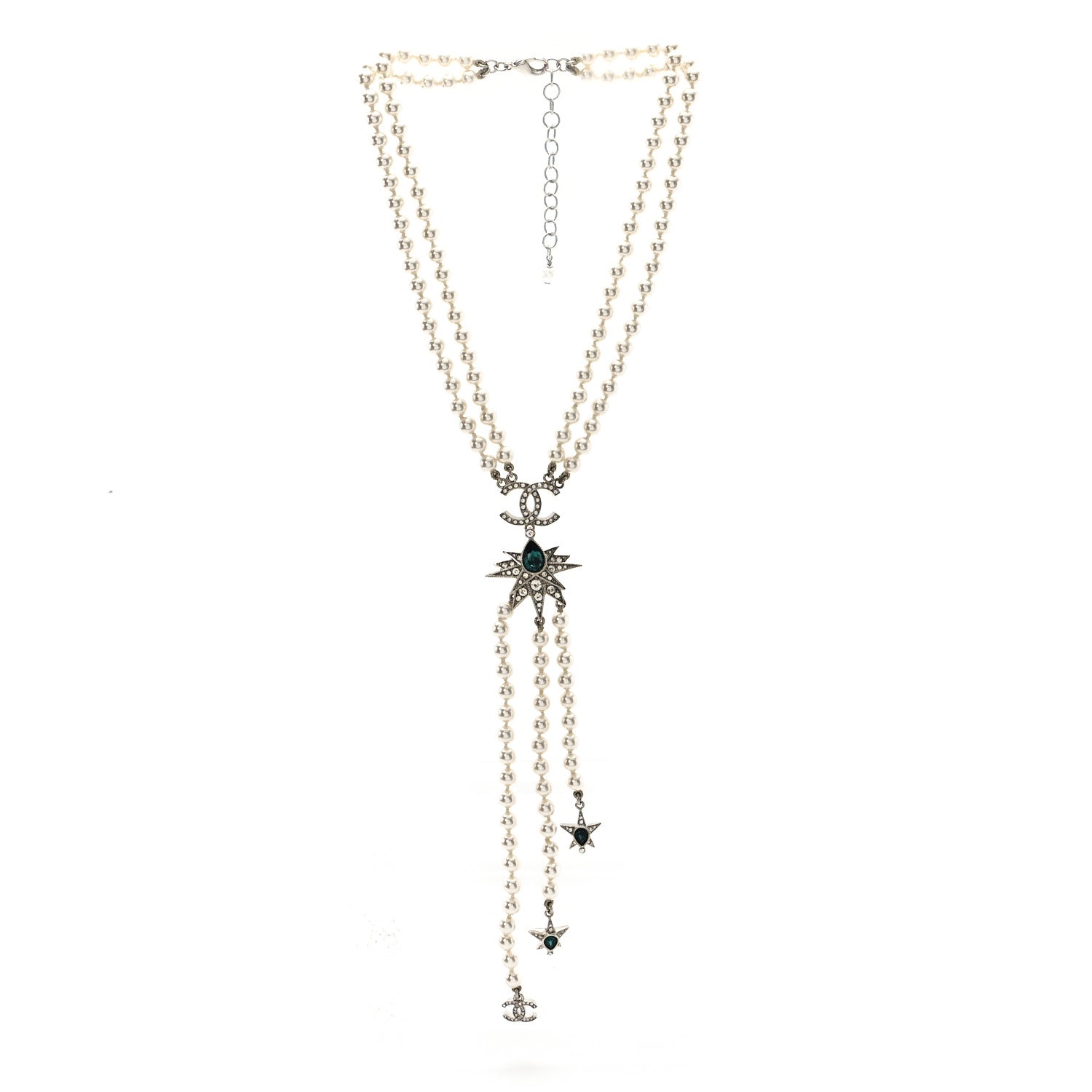 Chanel Pearl Crystal Star CC Drop Long Necklace Green White Silver 3 of 5