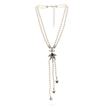 Chanel Pearl Crystal Star CC Drop Long Necklace Green White Silver 3 of 5