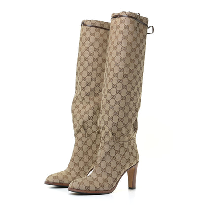 Gucci Monogram Lisa Mid Heel Boots 38.5 Beige Ebony 2 of 11