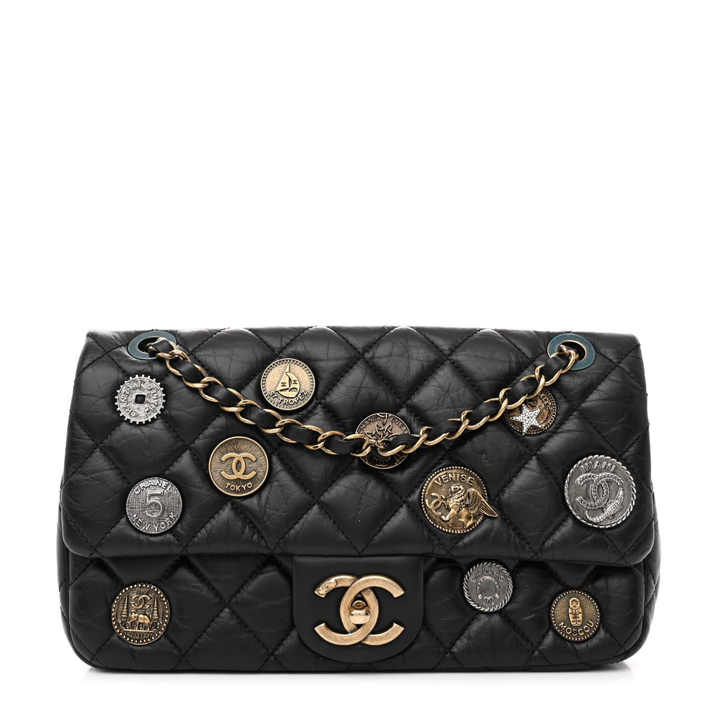 Aged Calfskin Quilted Medium Medallion Flap Black